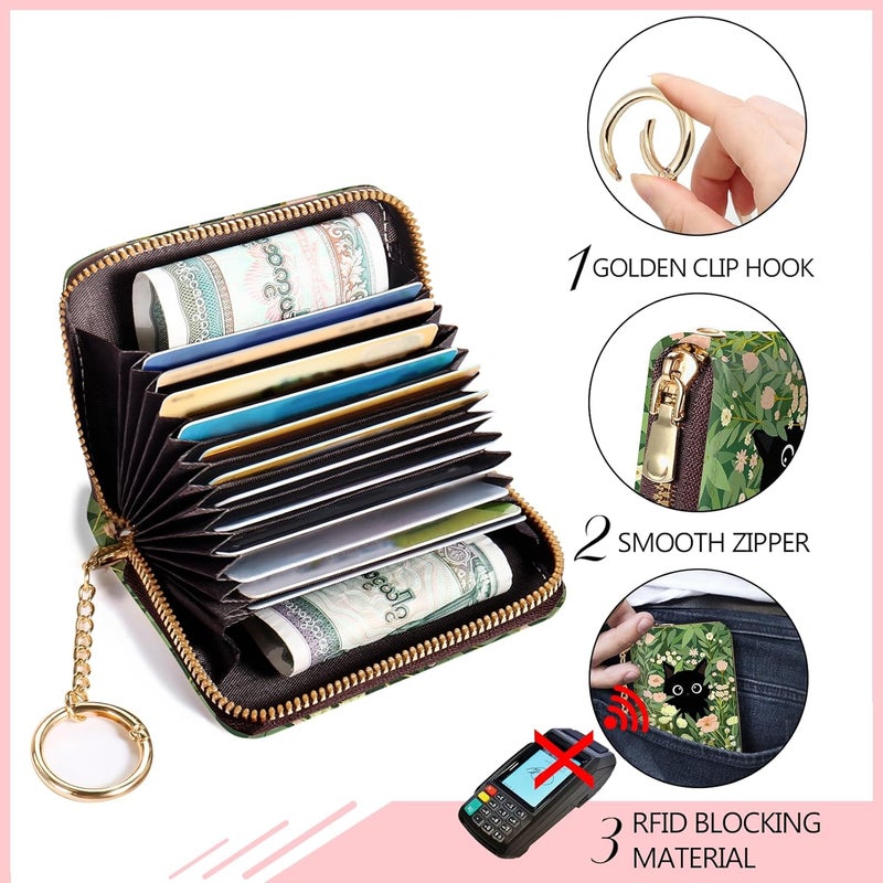 Blusabaca Women's Black Cat Floral RFID Wallet, Waterproof, Leather, 12 Card Slots, 2 Pockets for Coins, 2.5 in x 3.5 in - Image 4
